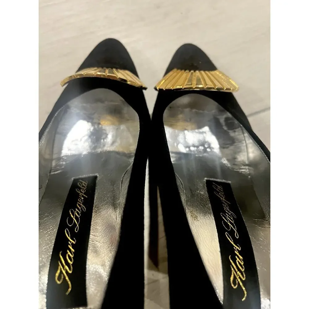 Vintage Karl Lagerfeld Black Suede Glamour Heels Gold Fan Accent Women Size 7